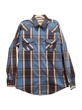 Coastal Western Cut Shirt Mens XL Blue Gray Plaid Pearl Snap Cowboy Rodeo pocket